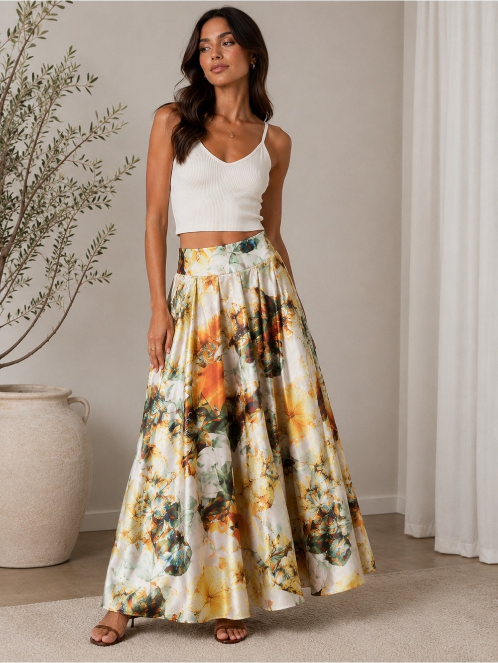 Floral Maxi Skirt in Yellow and Green